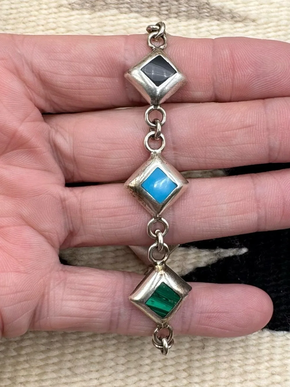 Sterling Silver Turquoise Onyx Malachite Multi Stone Inlay Link Bracelet 7.5